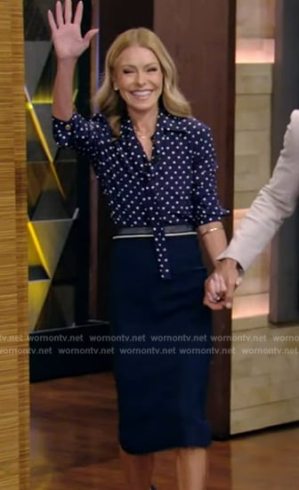 Kelly's blue polka dot tie neck blouse on Live with Kelly and Mark