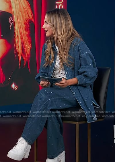 Keltie's denim rhinestone embellished jacket and jeans on E! News