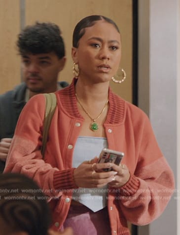 Kiesha's orange mixed media jacket and tie dye pants  on All American Homecoming