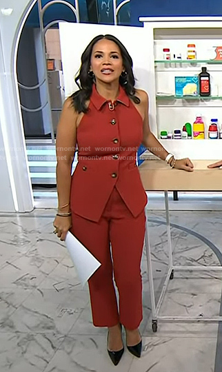 Laura's red collared vest and pants on Today