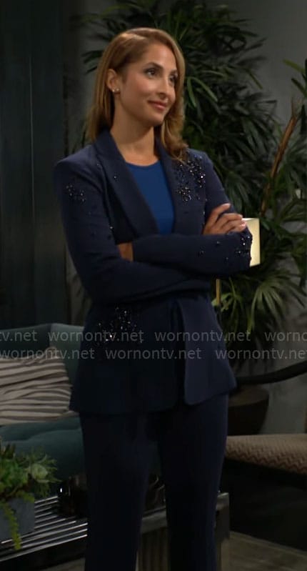 Lily's navy blue embellished suit on The Young and the Restless