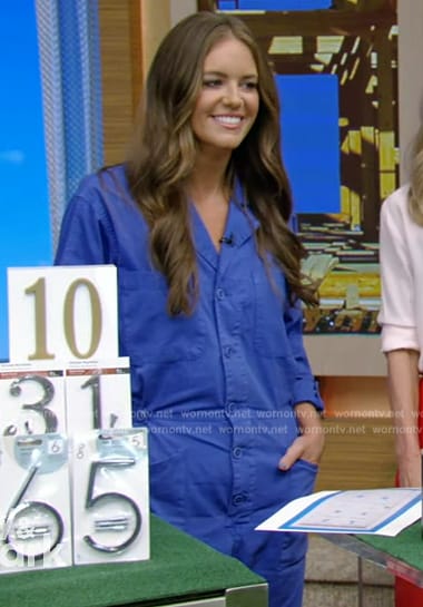 Monica Mangin's blue cargo jumpsuit on Live with Kelly and Mark