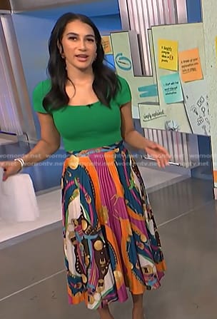 Morgan's green top and mixed print pleated skirt on NBC News Daily