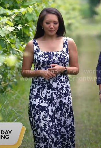 Nancy Chen's black and white printed midi dress on CBS Mornings