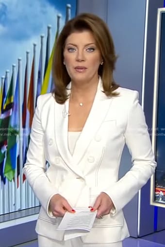 Norah's white blazer with contrast stitching on CBS Evening News