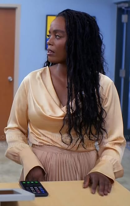 Sabrina's peach satin cowl neck blouse on Tyler Perrys Sistas