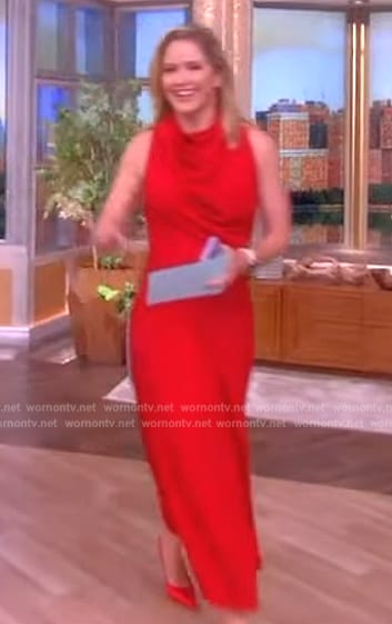 Sara's red satin drape neck dress on The View