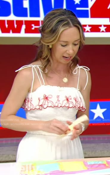 Shannon Doherty's white floral lace top on on Live with Kelly and Mark