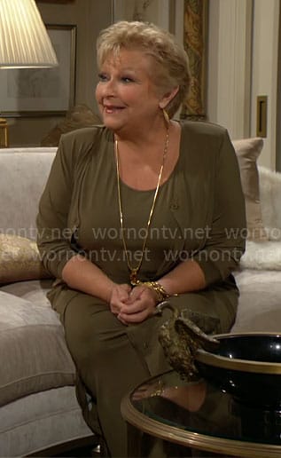 Traci's olive green long dress and cardigan set on The Young and the Restless