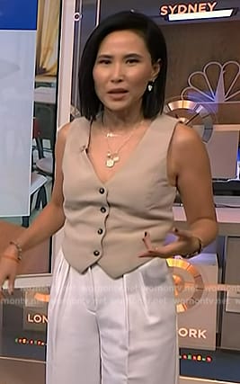 Vicki's beige button front vest on NBC News Daily