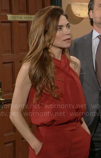 Victoria's red sleeveless blouse and pants on The Young and the Restless