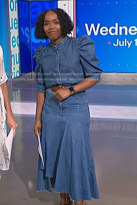 Zinhle's denim puff sleeve top and skirt on NBC News Daily
