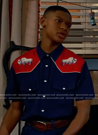 Bill's blue buffalo print western shirt on Bunkd