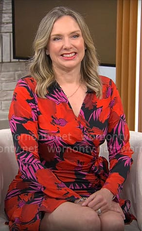 Catherine Fisher's red floral wrap dress on CBS Mornings