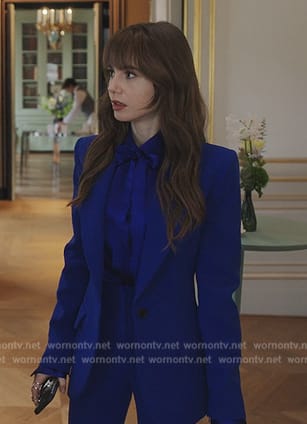 Emily's blue satin tie neck blouse and suit on Emily in Paris