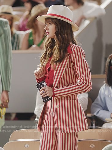 Emily's red stripe blazer and pants on Emily in Paris