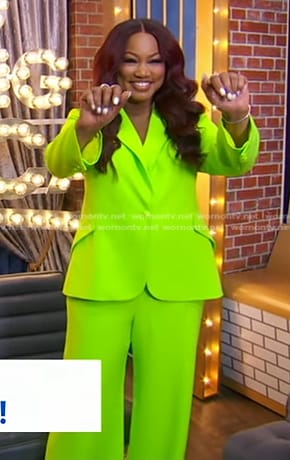 Garcelle Beauvais's lime green blazer and pant suit on Good Morning America