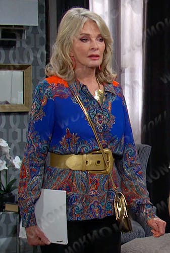 Hattie's blue paisley print button blouse on Days of our Lives