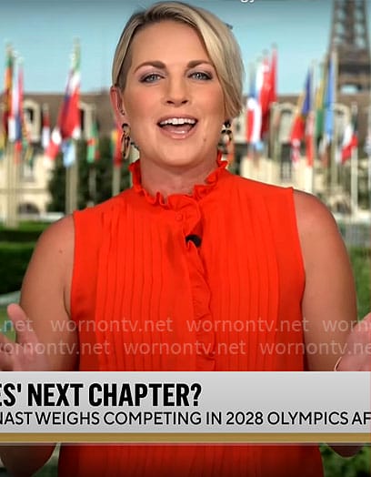 Jamie Yuccas' red ruffle trim sleeveless top on CBS Mornings