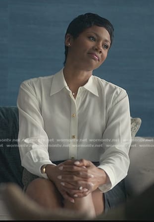 Jax's white button down blouse on Reasonable Doubt