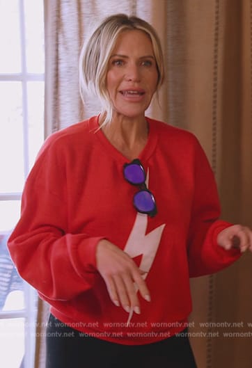 Jennifer's red bolt print sweatshirt on The Real Housewives of Orange County