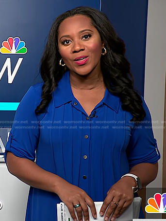 Kay Angrum's blue roll up sleeve dress on NBC News Daily
