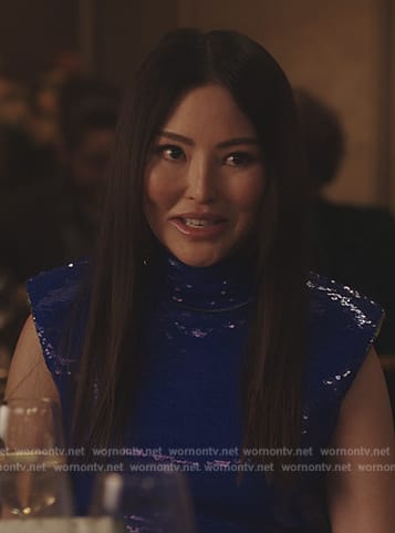 Li's blue sequin turtleneck dress on Emily in Paris
