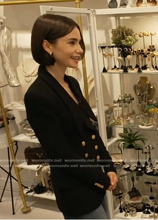Lily Collins' black double breasted tweed blazer on Good Morning America
