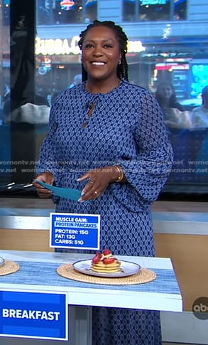Maya Feller's blue geometric print dress on Good Morning America