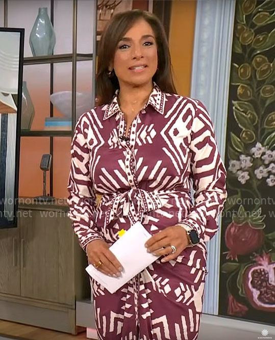 Michelle Miller's purple and white printed shirtdress on CBS Mornings