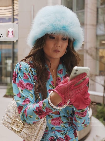 Mindy's blue floral print top and leggings on Emily in Paris