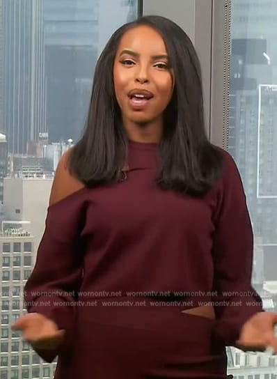Mona's burgundy cutout top and skirt on Extra