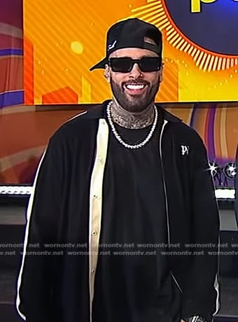 Nicky jam's black side stripe jacket and pants on Good Morning America