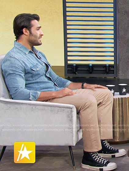 Sam Asghari's western denim shirt and sneakers on Access Hollywood