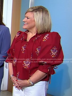 Sarah Fishburne's red floral puff sleeve blouse on Good Morning America