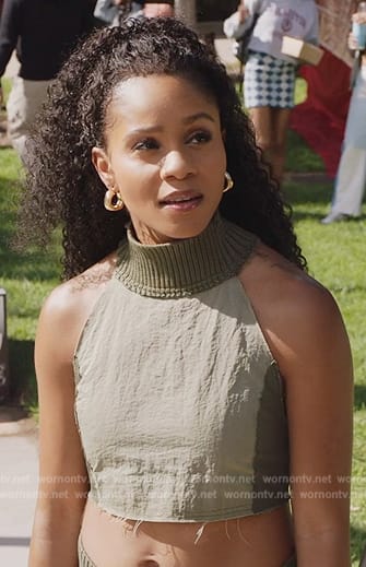 Simone's green distressed crop top and pants on All American Homecoming