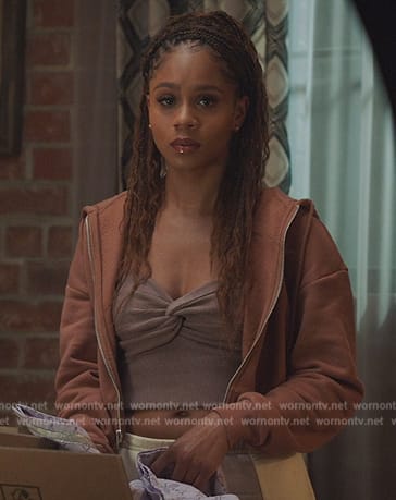 Simone's beige twist front top on All American Homecoming