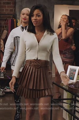 Thea's brown pleated belted mini skirt on All American Homecoming