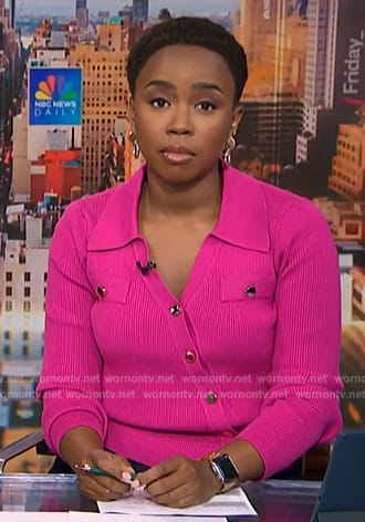 Zinhle's purple asymmetric button down sweater on NBC News Daily
