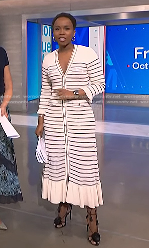 Zinhle's white striped v-neck dress and sandals on NBC News Daily
