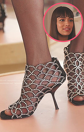 Genevieve's rhinestone embellished heel sandals on Emily in Paris
