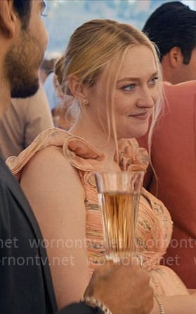 Abby's coral floral rehearsal dinner dress on The Perfect Couple