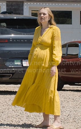 Abby's yellow long sleeved crochet inset dress on The Perfect Couple
