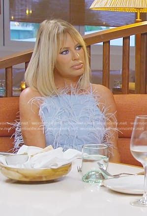 Caroline's light blue feather trim dress on The Real Housewives of Dubai