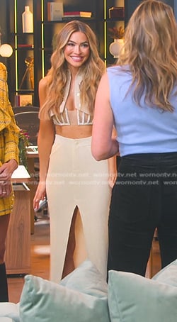 Chrishell's embellished bralette and knit front slit skirt on Selling Sunset
