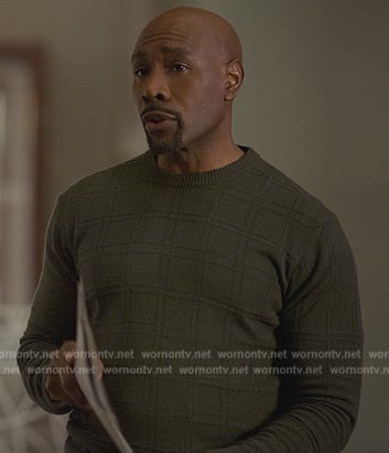 Corey's green check print sweater on Reasonable Doubt