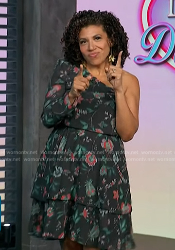 Damona's black floral print one sleeve dress on Access Hollywood