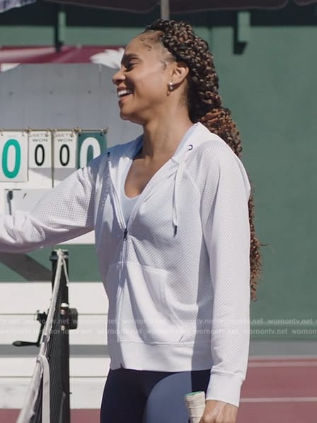 Simone's white mesh hoodie on All American Homecoming