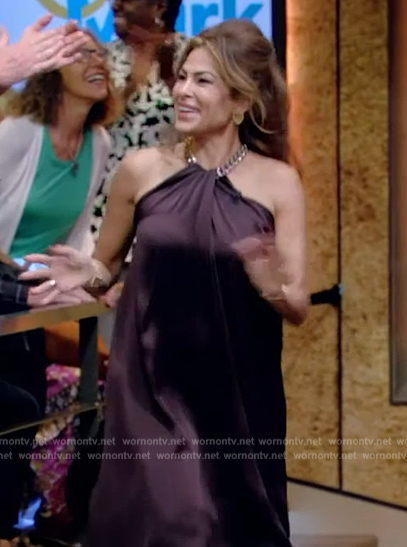 Eva Mendes's chain neck satin halter dress on Live with Kelly and Mark