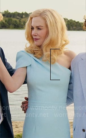 Greer's light blue one-shoulder rehearsal dinner dress on The Perfect Couple